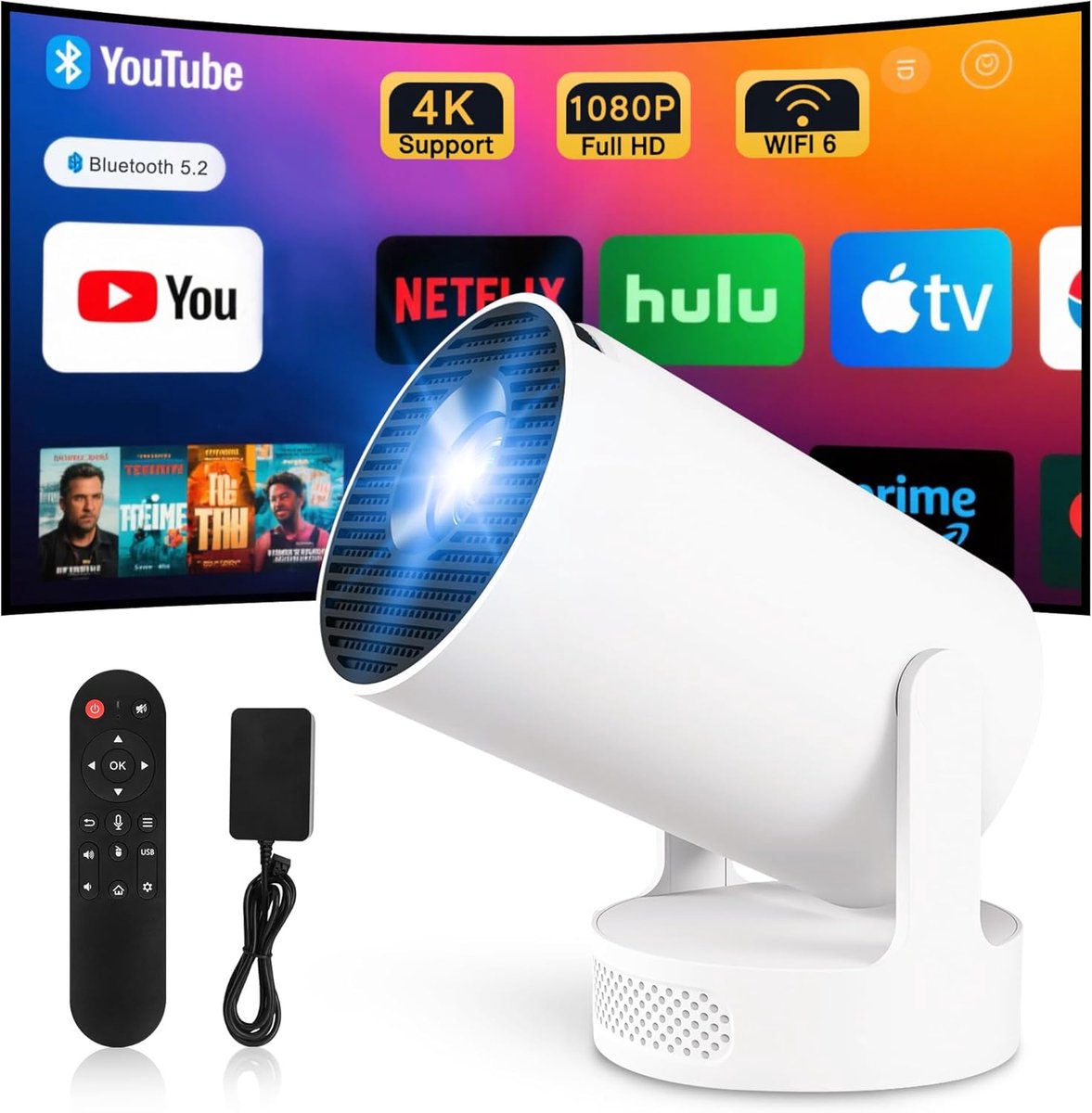 SnelShoppen - Mini Video Projector 4K Retro Projector met Android 11, WiFi 6, BT 5.4, HDMI voor Telefoon, PC, Laptop, Thuisbioscoop, Netflix Gecertifi