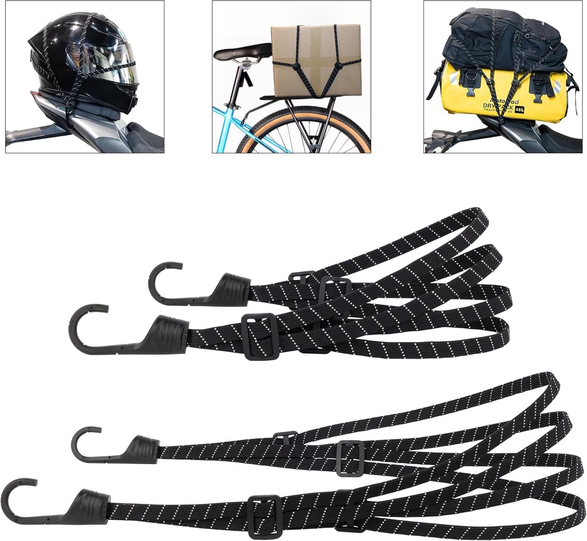 SnelShoppen - 2pcs Elastische Straps met Haken, Verstelbare Lading Bevestigingsbanden voor Motorfiets/Fiets, Bagage Tensioner, Reflecterende Lashing S