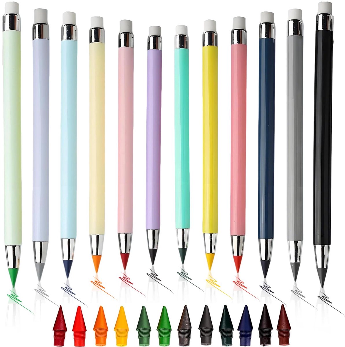 longziming -12 Kleuren Herbruikbare Grafietpotloden Set – Duurzame Tekenpotloden zonder Regelmatig Slijpen – Kleurpotloden voor Schrijven, Schetsen en Creatieve Projecten