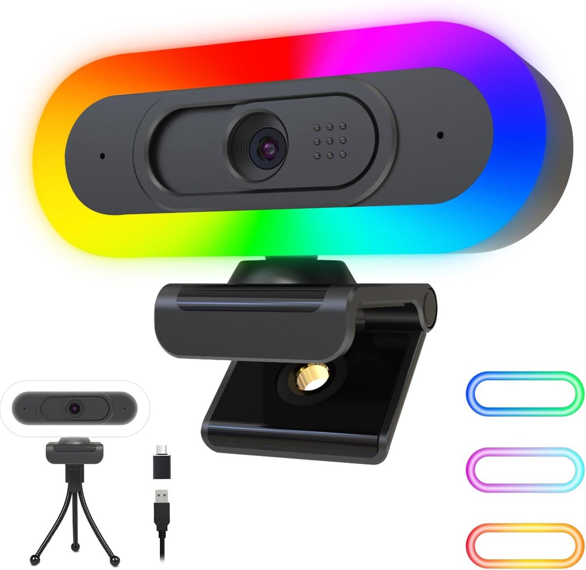 SnelShoppen - 2K Webcam met Microfoon, LED RGB Ringlicht, Autofocus, Tripod, Plug and Play USB Camera voor Gaming en Video Calls