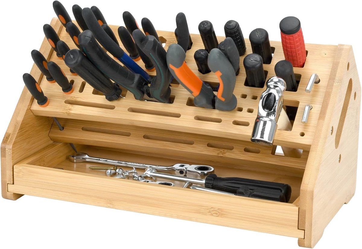 SnelShoppen - Bamboo Schroevedraaier Organizer & Gereedschap Houder, Roest- en Corrosiebestendige Desk Opberg Rack voor Werkbank, Garage, Werkplaats e