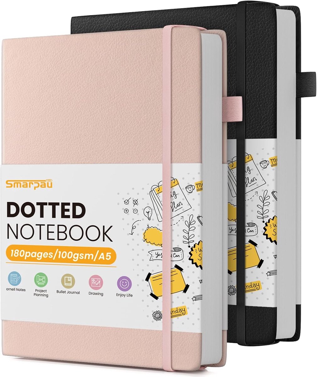 SnelShoppen - Notitieboek A5 Hardcover Gestippeld, 2 Stuks, 180 Vellen, 360 Pagina's, 100 g/m² Dikker Papier, Lederen Dagboek, Perfect voor Notities,