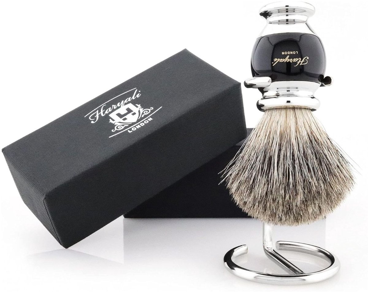 Haryali London scheerkwast met standaard voor mannen - Super Badger synthetisch haar (kwaliteit dassenhaar) - Zwarte handgreep