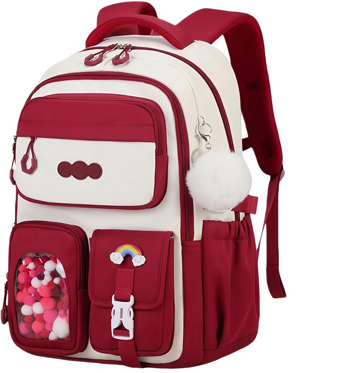 Schooltas Tiener Meisjes Rood | Grote Capaciteit Waterdichte Rugzak met Trolleyband | Luxe Pluche Hangertje | Boekentas meisjes | Stevige Boekentas voor Middelbare School & Reizen | Comfortabel & Duurzaam