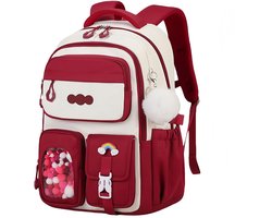 Schooltas Tiener Meisjes Rood | Grote Capaciteit Waterdichte Rugzak met Trolleyband | Luxe Pluche Hangertje | Boekentas meisjes | Stevige Boekentas voor Middelbare School & Reizen | Comfortabel & Duurzaam