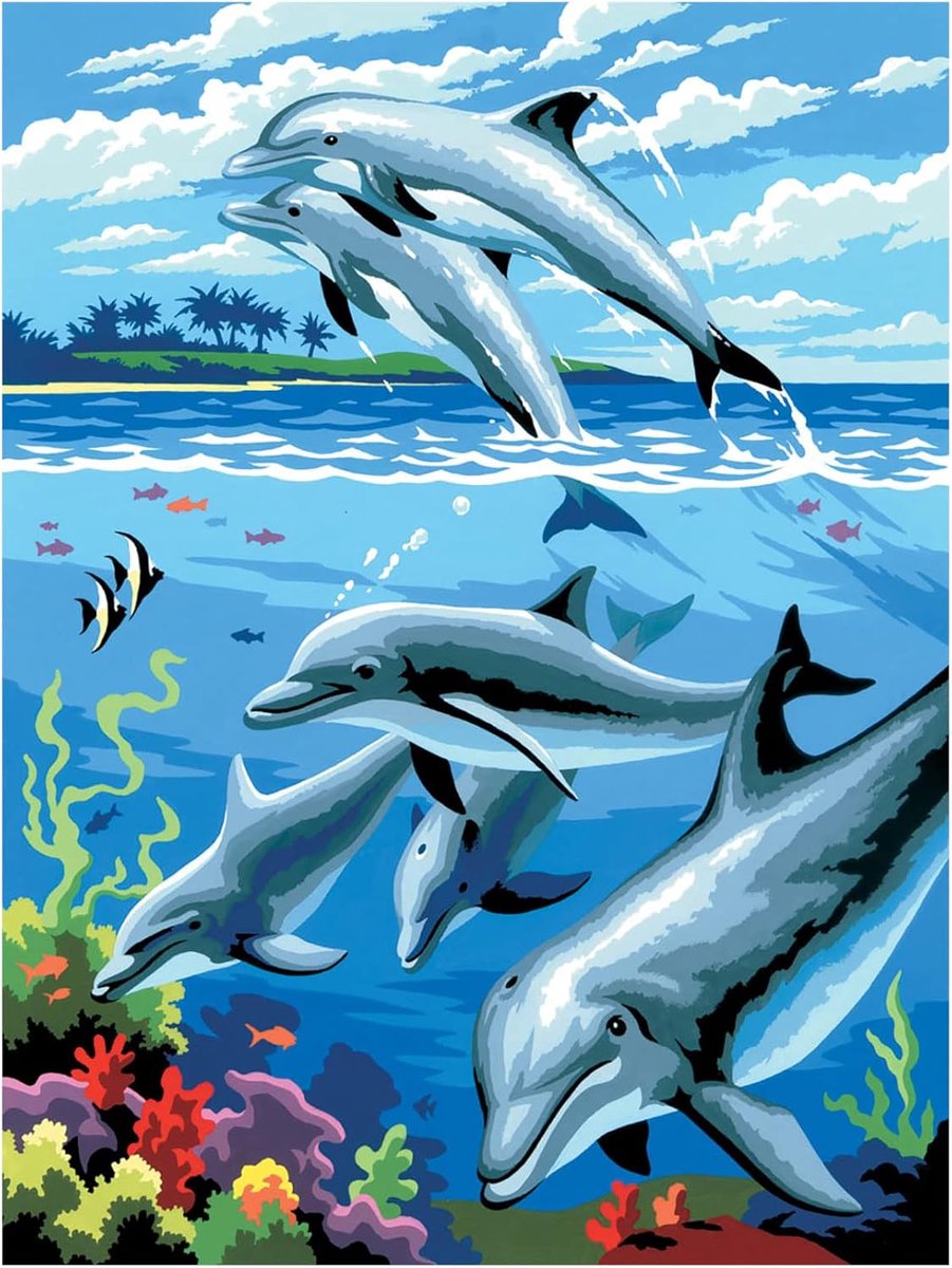 SnelShoppen - Paint by Numbers Junior Dolphins - Schilderen op Nummeren voor Kinderen en Volwassenen vanaf 8 Jaar - Inclusief Acrylverf en Penselen op