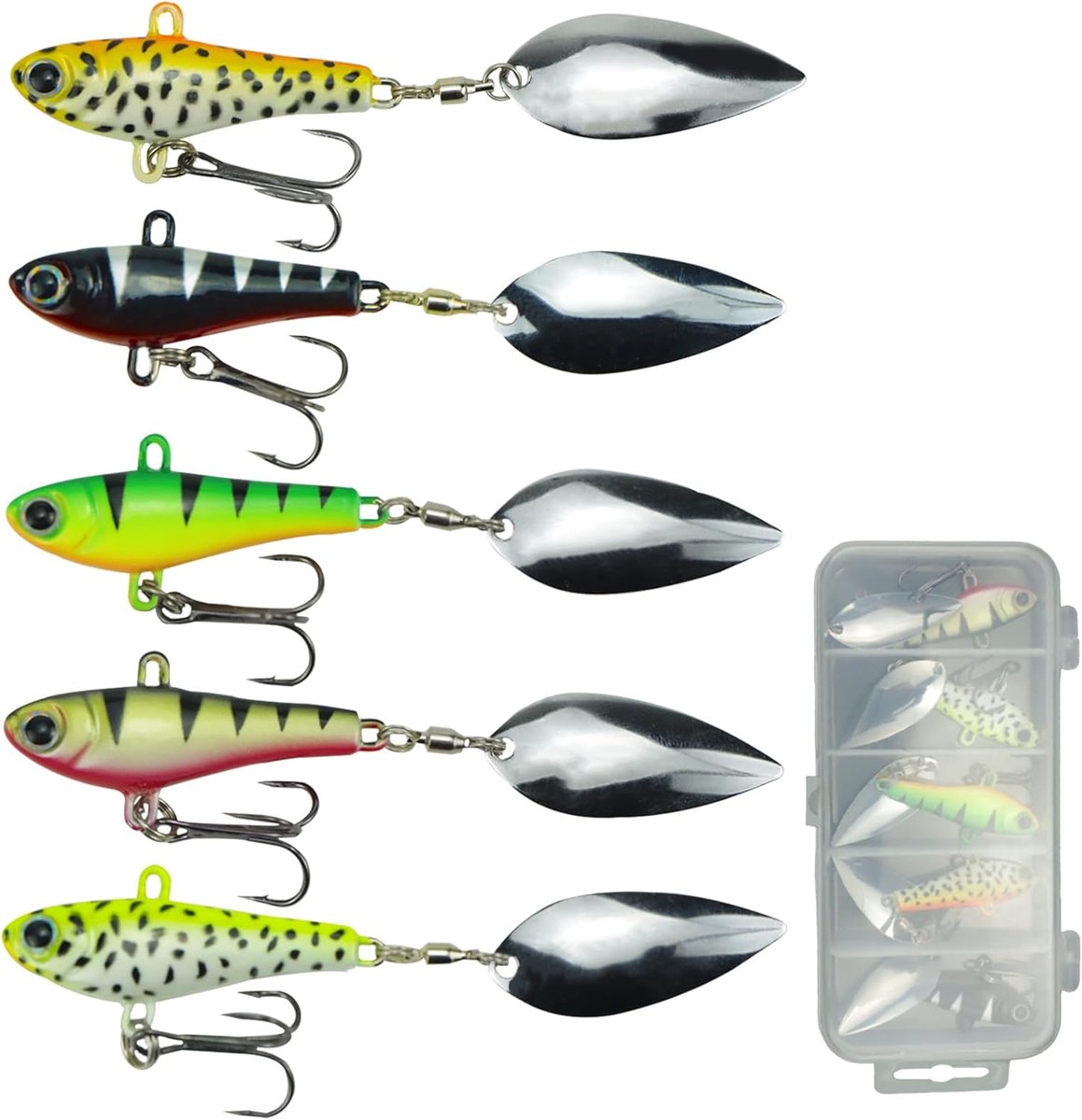 SnelShoppen - Jig Spinner Set Vissersbuit 5 Stuks UV Actieve Aas voor Snoek, Baars, Forel, Zeewater, Zoetwater - Inclusief Opbergdoos