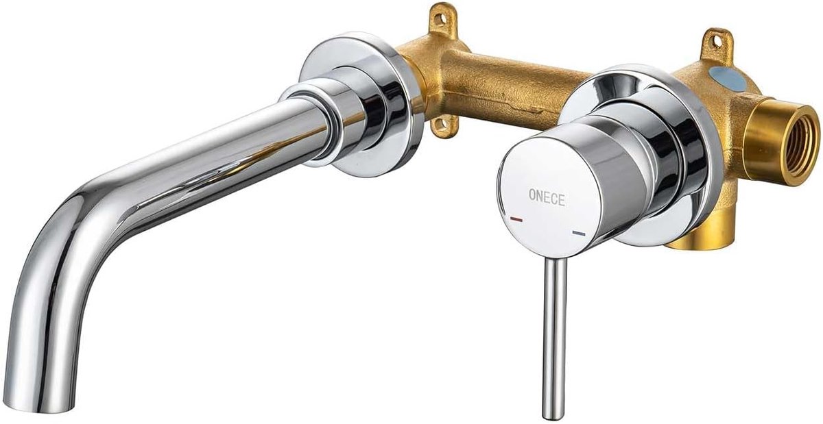 SnelShoppen - Wandkraan Badkamer, Messing Mengkraan, 360° Draaibare Wandtap, Recessed Faucet met Enkele Handgreep, Vervangbare Luchtverdelers, Chroom