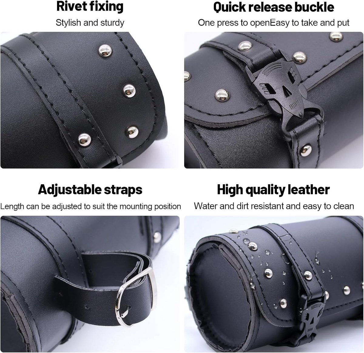 SnelShoppen - Universele Motorfiets Zadelzak, Handvat Tas, Gereedschap Tas van PU Leer, Waterproof, Met 2 Bevestigingsriemen, Fietsopbergzak, Zwart
