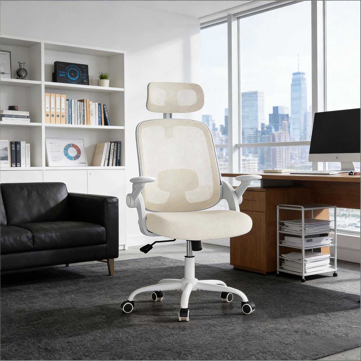 DESMIU Bureaustoel 63,5 x 47 x 109,5-117,5 cm - Ergonomisch Met Hoofdsteun En 3D Armleuningen - Voor Kantoor En Studeerkamer - Beige