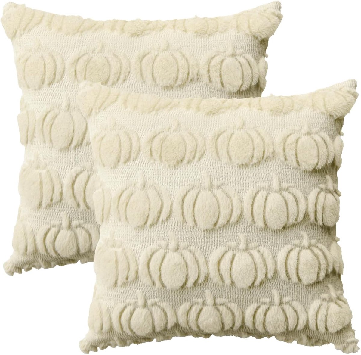 SnelShoppen - Set van 2 beige bont pompoenen kussenslopen 40x40 cm | Zachte kunstpluche fluwelen bankkussens voor herfst decoratie in slaapkamer en wo