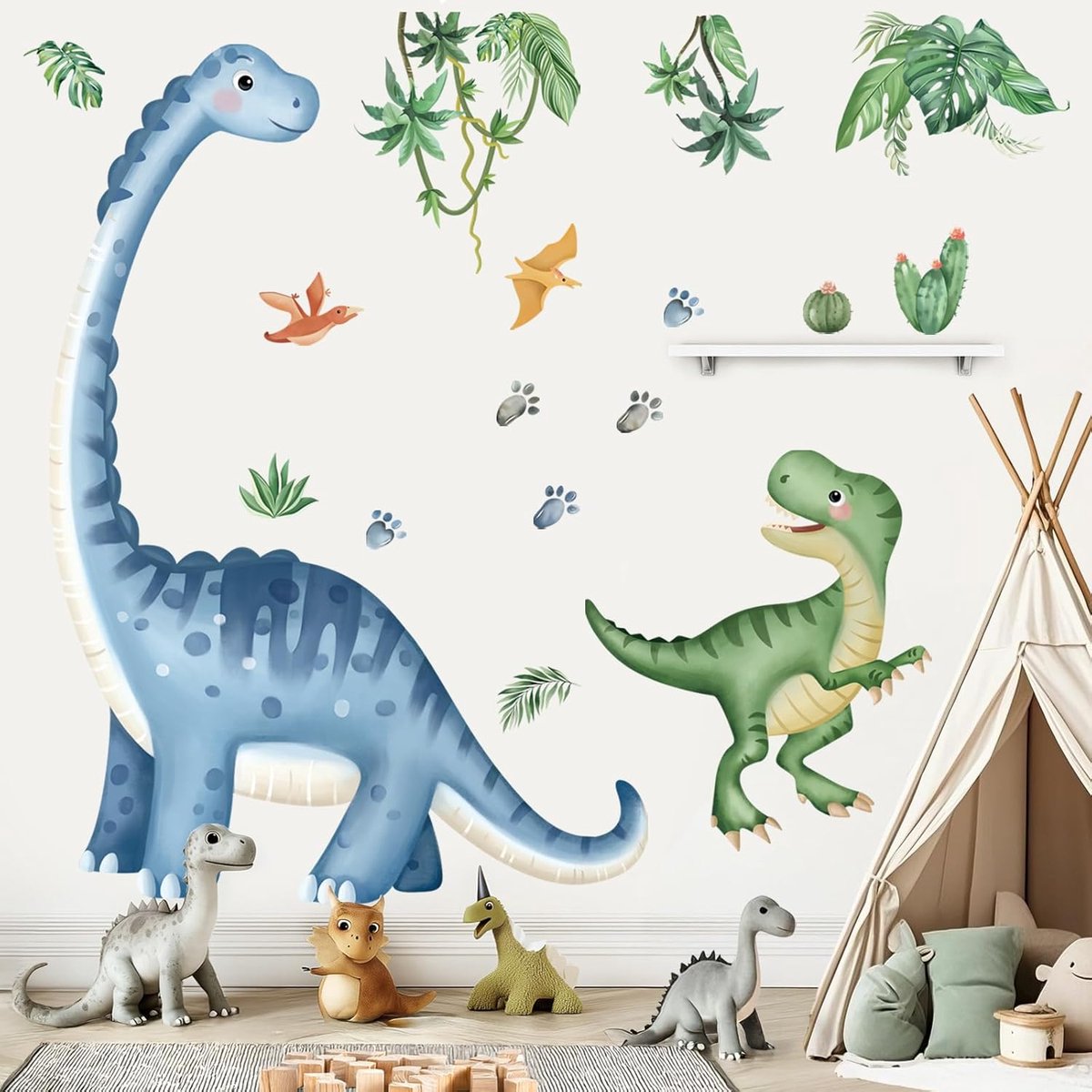SnelShoppen - XXL Dinosaurus Wandtattoo Brachiosaurus met Palmbladeren voor Kinderkamer - Hoge Kwaliteit Zelfklevend PVC Muurstickers voor Jongens en