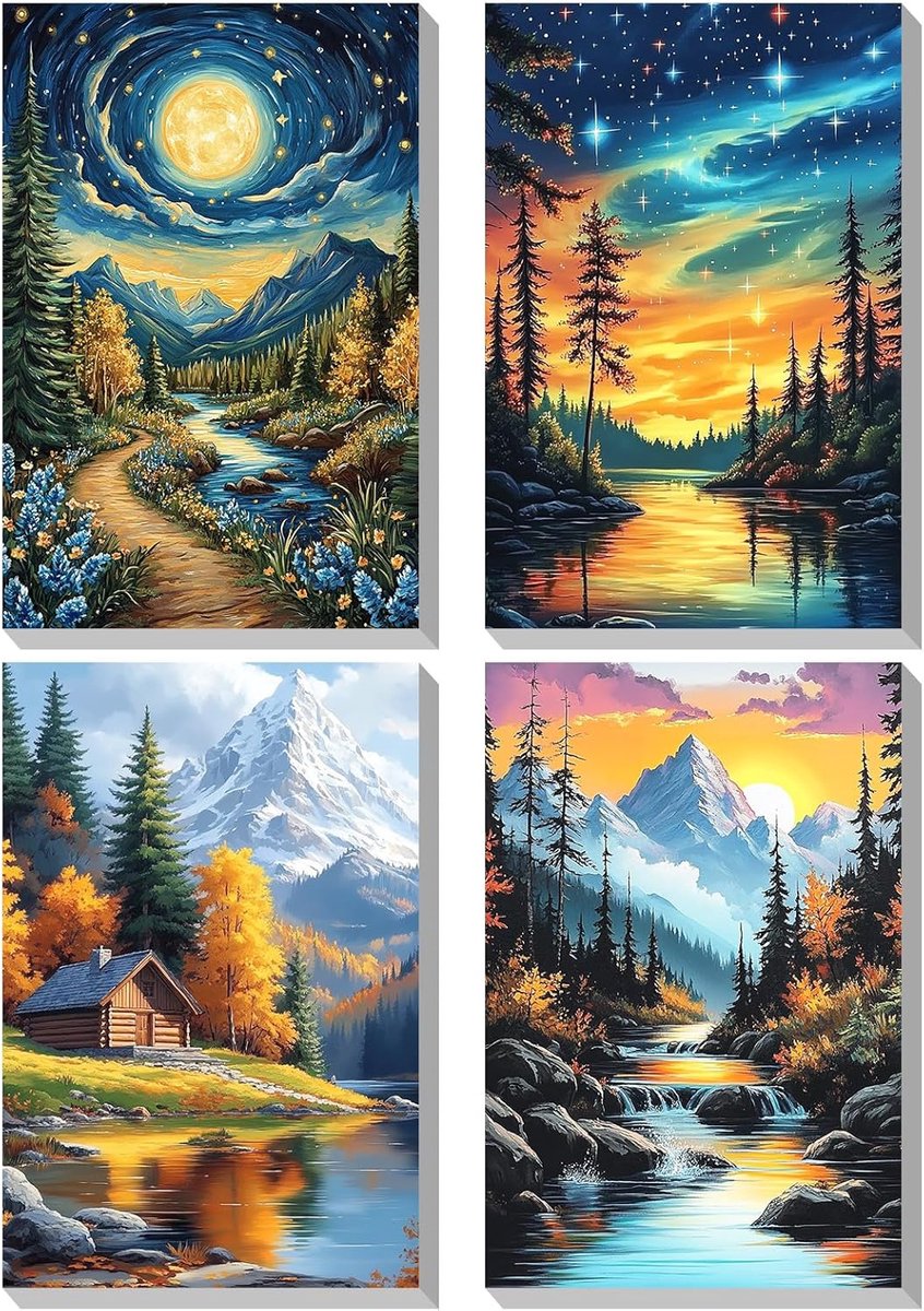 SnelShoppen - 4 Stuks Verf Op Nummer Set voor Volwassenen en Kinderen, Sterrenhemel Schilderij Op Canvas, DIY Kunst Kits Met Acrylverf en Penselen, Id