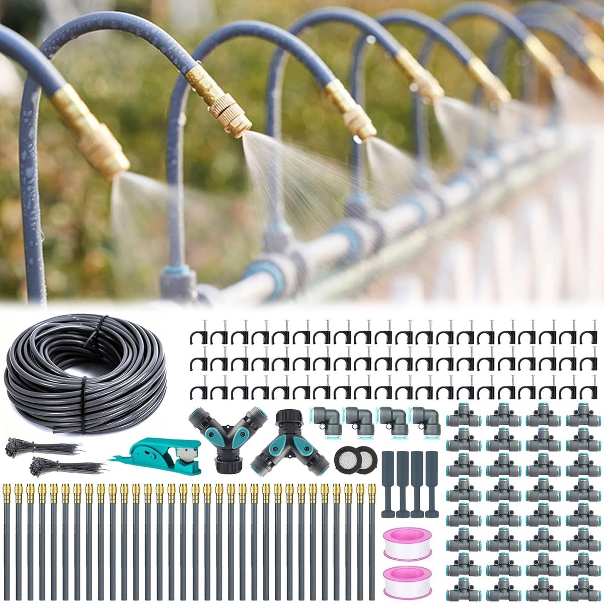 SnelShoppen - Automatisch Tuin Irrigatiesysteem 60 m - 360° Besproeiingsslang Kit met 32 Nozzles en Accessoires voor Tuinplanten, Bloembedden en Gazon