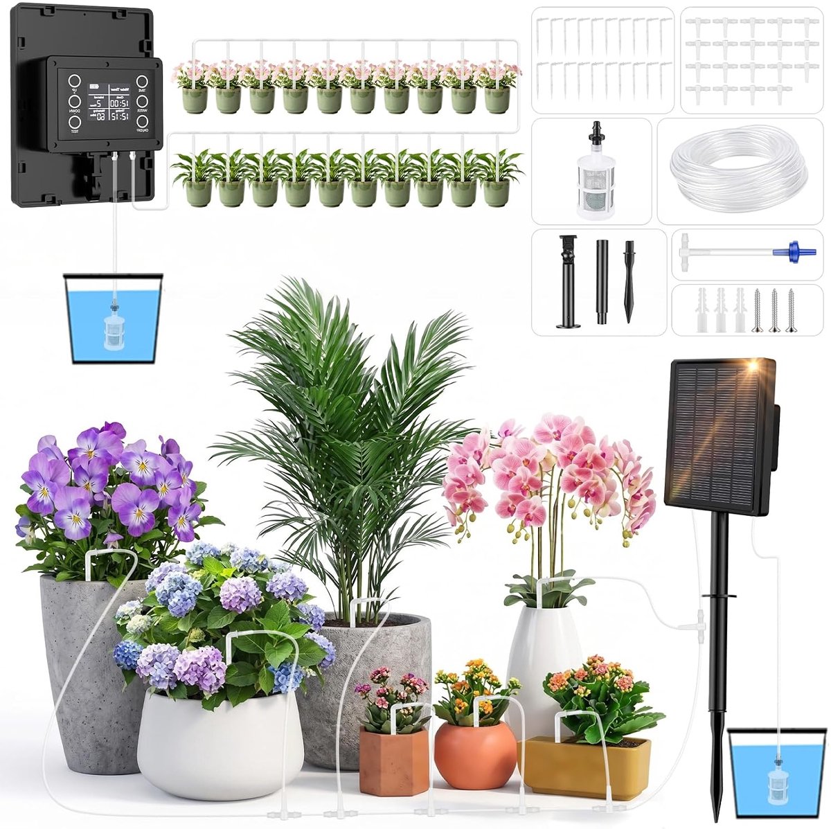SnelShoppen - Bewateringssysteem op Zonne-energie voor de Tuin - Druppelbewateringsset met 20 Druppelaars, 2200 mAh - Ideaal voor Vakantie, Terrassen,
