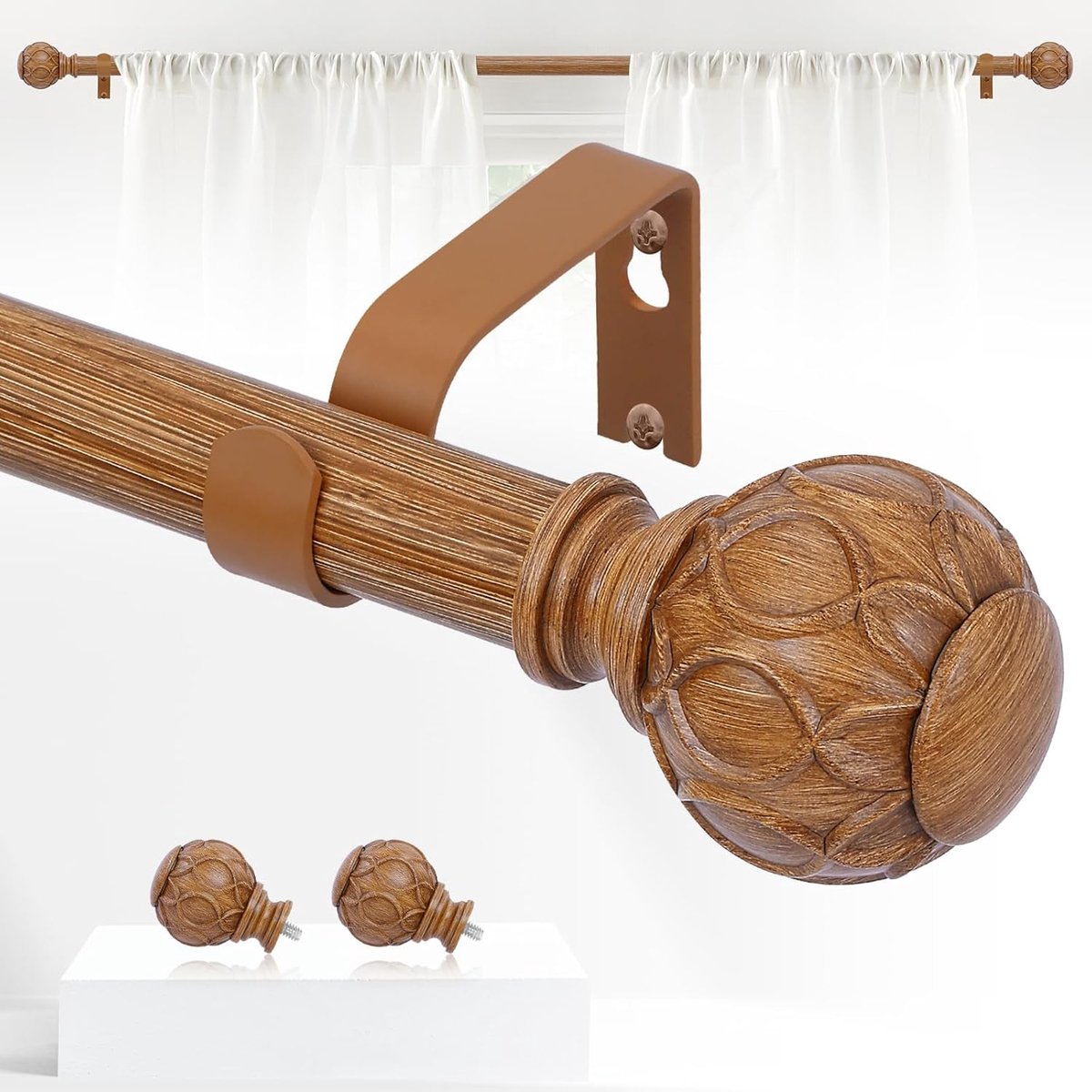 SnelShoppen - Robuuste Verstelbare Gordijnroedes voor Raam - Vintage Uiterlijk met Handgeschilderde Mesh Finials - Hout-Bruin, 91-223 cm voor Slaapkam