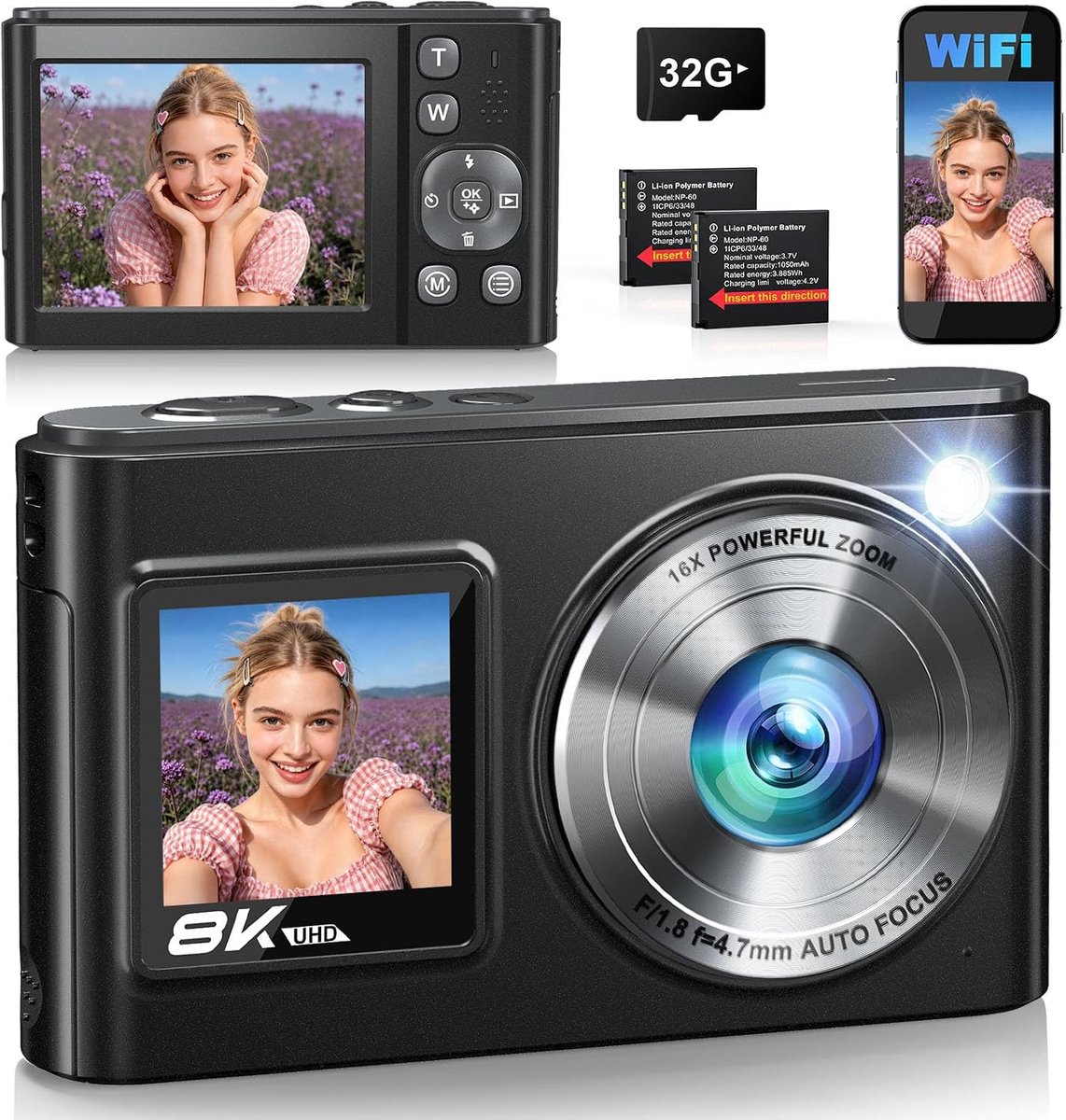 SnelShoppen - Digitale camera 8K 96 MP, Vloggingcamera met WiFi, Dual Display, Autofocus, Beeldstabilisator, Compact voor Beginners, 32 GB SD-kaart &