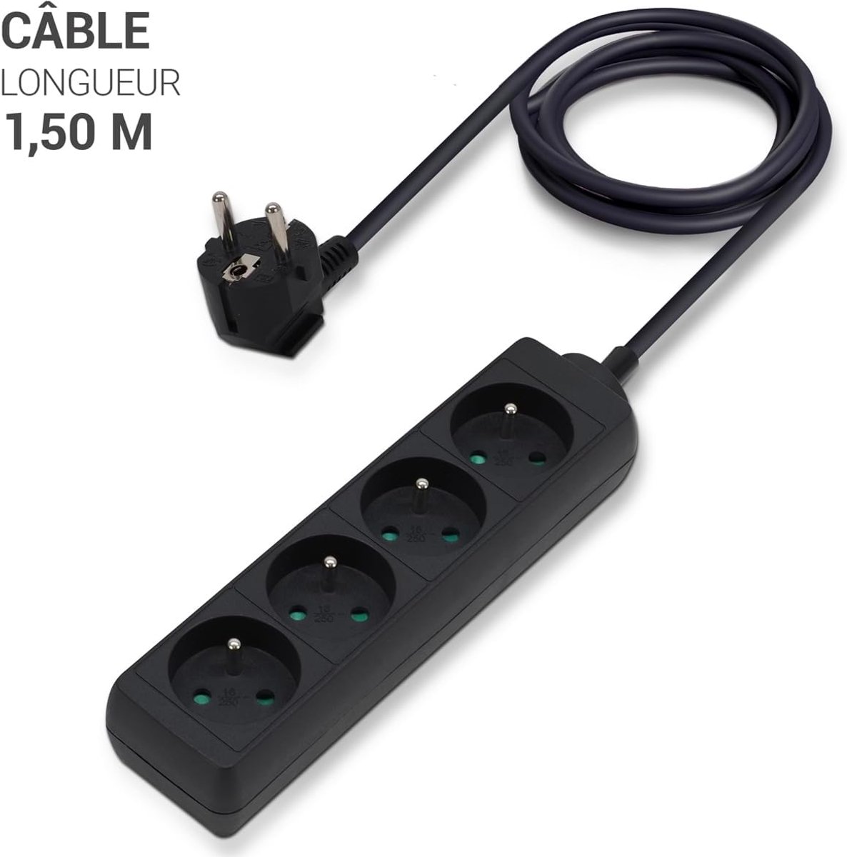 SnelShoppen - Set van 3 Stekkerdozen 4 Stopcontacten 16A met Kindveiligheid 1.5m Kabel Zwart - Ideaal voor Thuis, Kantoor, Camping