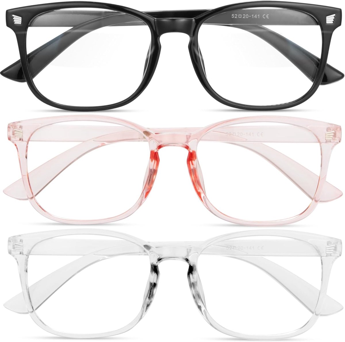 SnelShoppen - Pack van 3 Blauw Licht Filterende Nerd Brillen voor Vrouwen en Mannen - Fashion Square Fake Nerd Eyeglasses - Matte Zwart, Transparant,