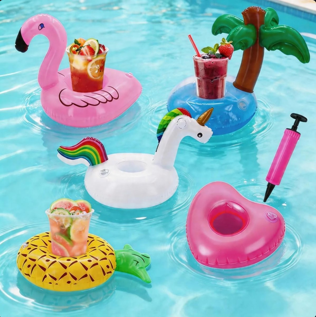 SnelShoppen - 5 Stuks Opblaasbare Bekerhouders voor Zwembad - Kleurrijke Multi-Vormen Set met Kokosnoot, Hart, Ananas, Zwaan & Flamingo - Inclusief Lu
