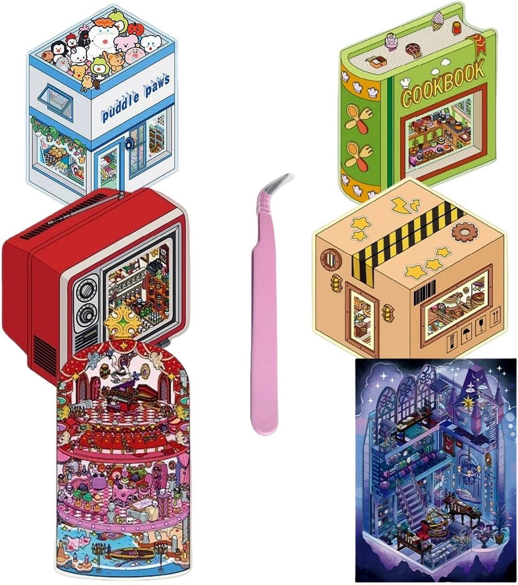 SnelShoppen - 6 Sets 3D Sticker Scenes met Pincet - Creatieve DIY Mini Kamer Decoraties - Therapie Stickers voor Volwassenen - Stress Verlichting en C