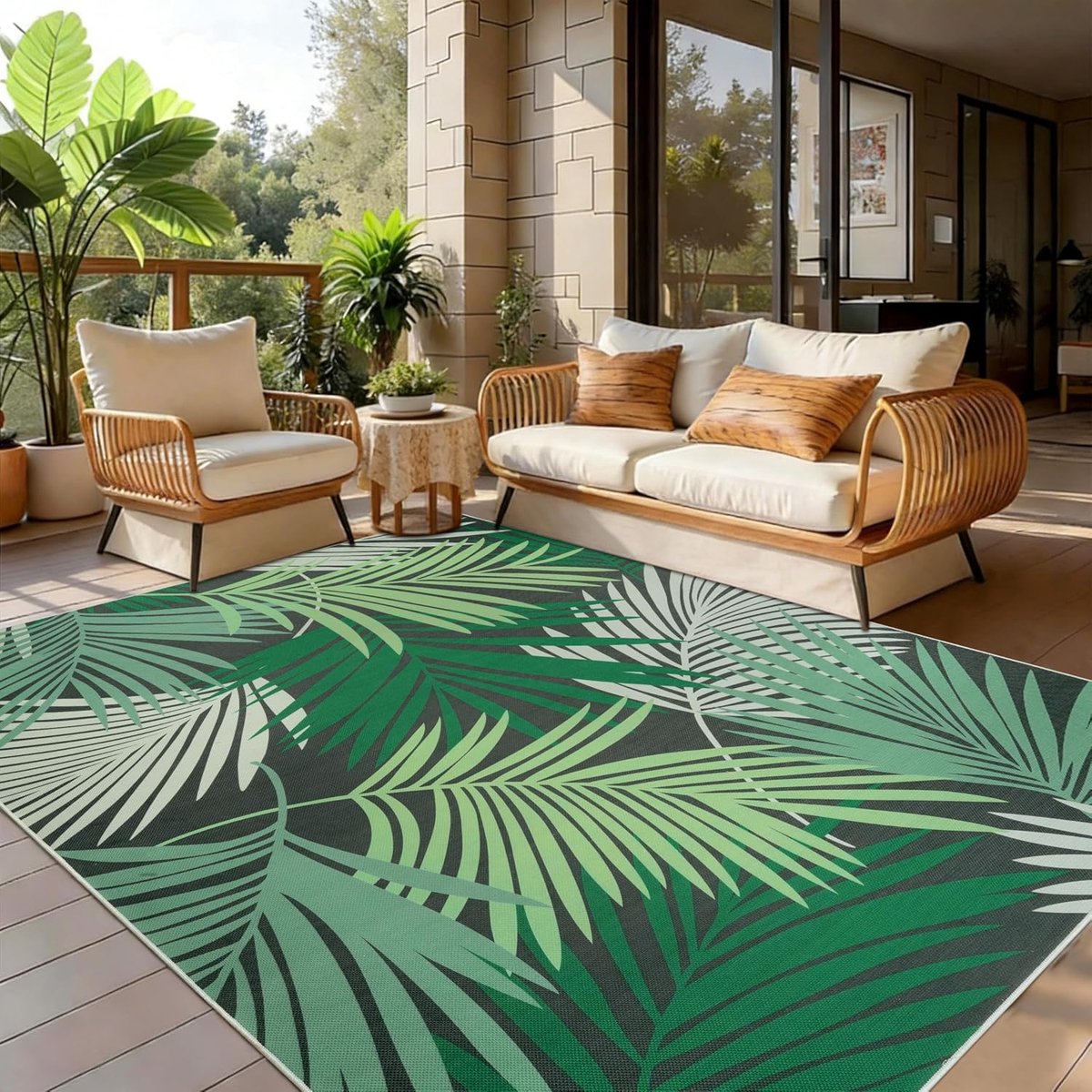 SnelShoppen - Cekene Weerbestendige Binnen- en Buitentapijt, Tropisch Design, 120 x 170 cm, Groene Bladeren, Vloerkleed voor Woonkamer, Balkon, Keuken