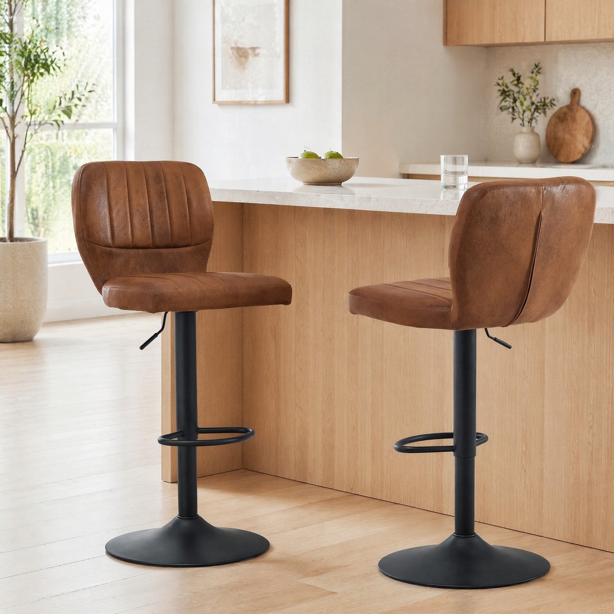 MODENUIT Barkruk 62-83 cm - 360° Draaibaar Met Rugleuning - Voor Keuken En Bar - Kunstleer - Bruin Zwart