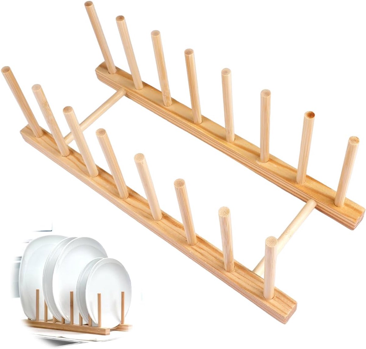 SnelShoppen - Houten Afwasrek met 7 Slots, Houten Drainer voor Borden, Schalen, Kopjes, Snijplanken, Keukenaccessoire, Natuurlijke Houtkleur, Stabilit