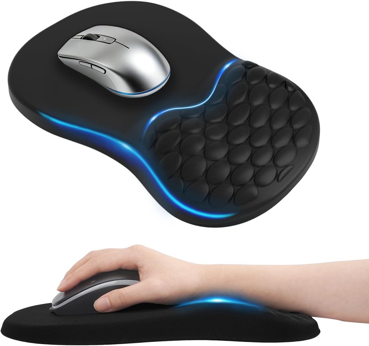 SnelShoppen - Ergonomische Muismat 2 in 1 Met Polssteun en Massageknoppen - Geheugenfoam Gaming Muismat met Antislip PU Onderkant - Zwart voor PC, Kan