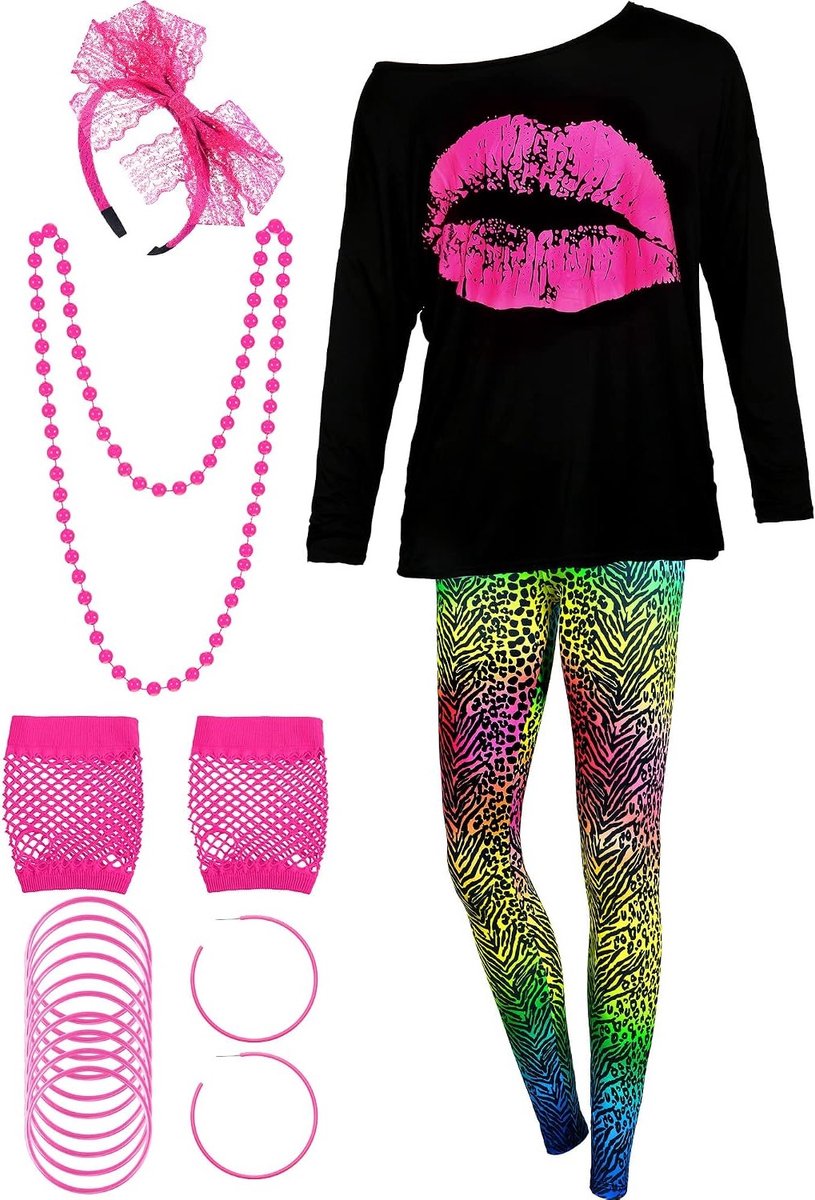 80s Kostuum Set voor Dames met T-Shirt, Leggings, Sieraden en Accessoires voor Feestjes en Thema-avonden, M