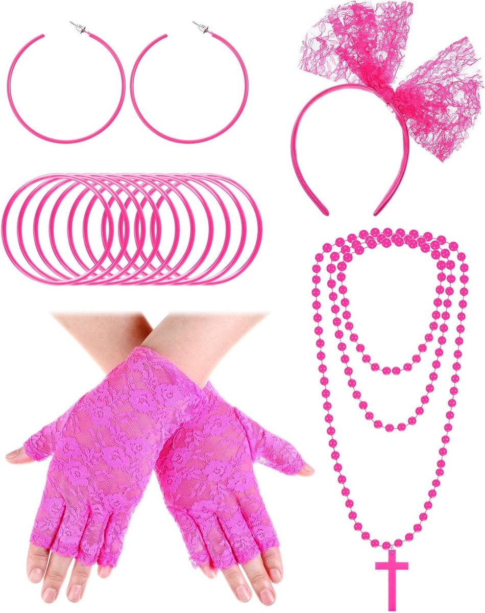 80s Kostuumaccessoires: Kanten Haarband, Oorbellen, Visnet Handschoenen en Sieraden voor Retro Feestjes