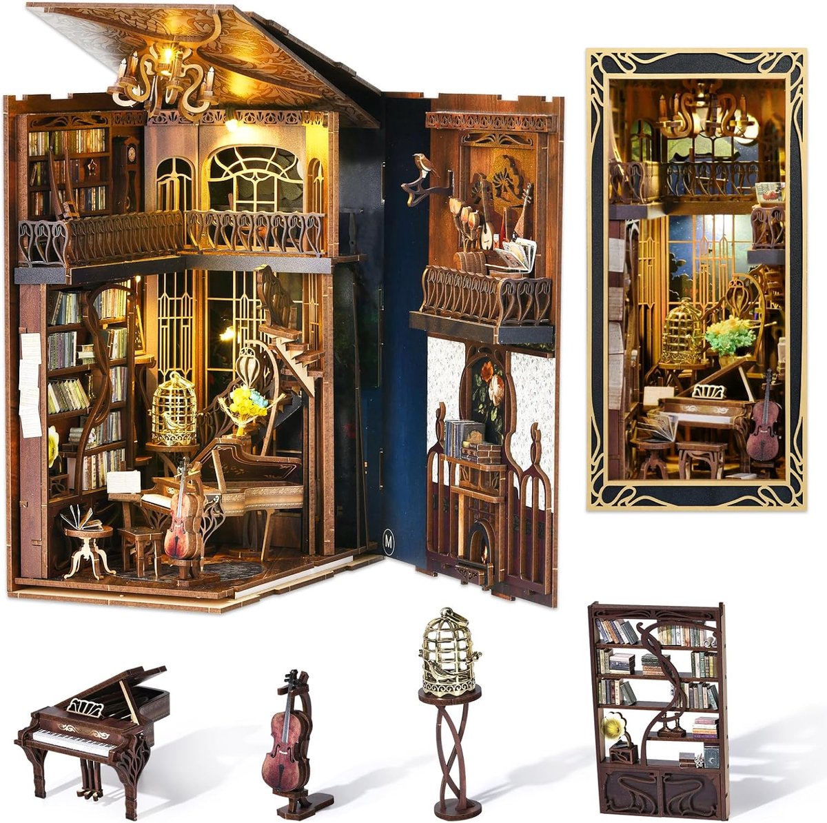 SnelShoppen - MiniCity DIY Book Nook Kit - Miniatuur Boekenkast Invoeging - 3D Houten Puzzel - Pianist met Nachtigal - Decoratie voor Volwassenen en T
