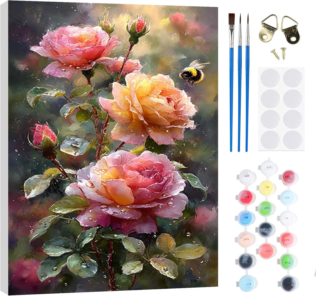 SnelShoppen - Schilderen op Nummer Set voor Volwassenen en Kinderen - Bloemen Schilderij DIY Handgeschilderd Olieverf Kit met Houten Lijst 20x30 cm -