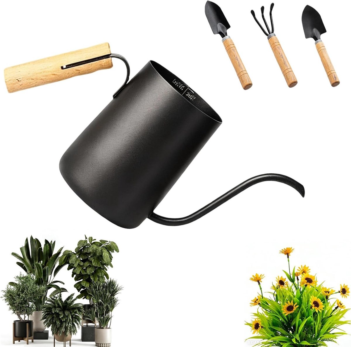 Kleine gieter 350 ml met lange tuit en comfortabele houten handgreep voor binnenplanten, ideaal voor het water geven van kleine potplanten en kamerplanten