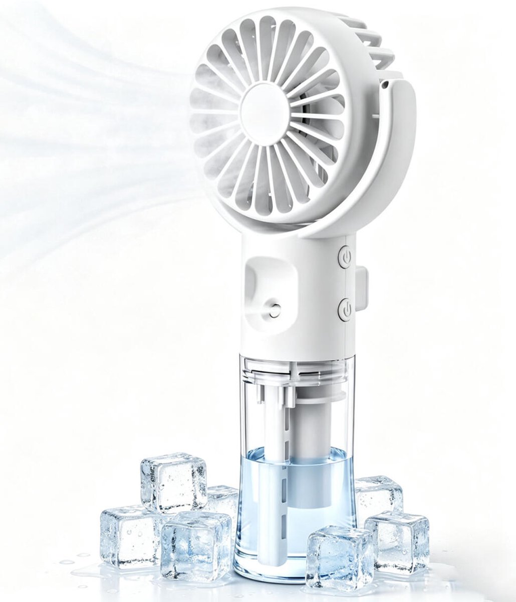 Handventilator met verneveling - Ventilator Met Waternevel - Draagbare Mini Ventilator - Oplaadbaar - Mini Fan Oplaadbaar - Draadloze Tafelventilator - 4 Standen - Oplaadbare Mistventilator - wit