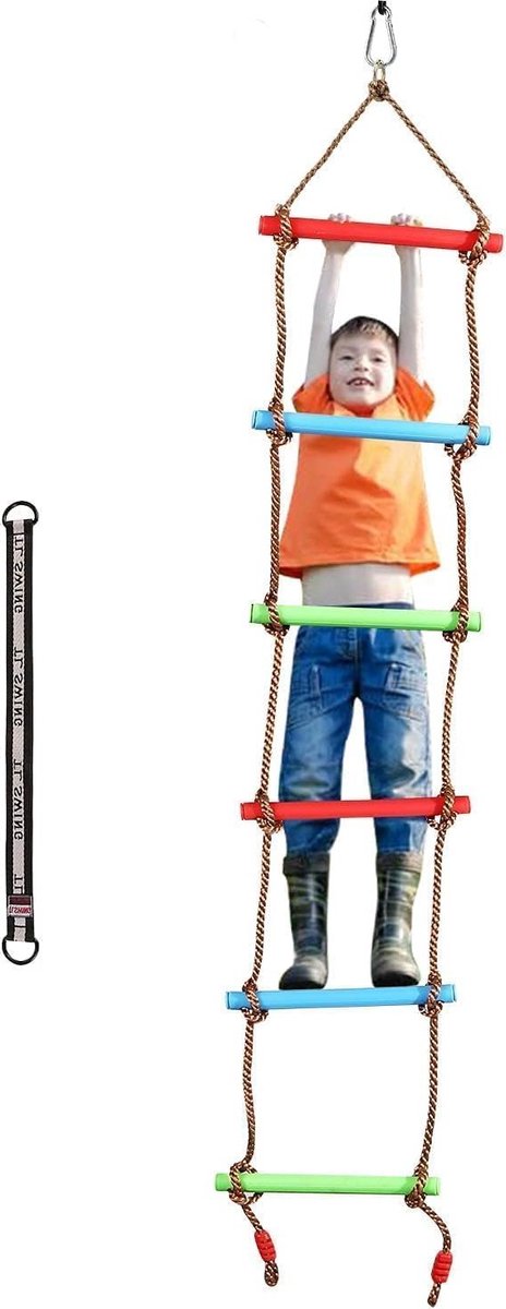 Touwladder voor Kinderen 2 m - Klimframe met Zes Plastic Treden en Lange Hangtouw, Ideaal voor Speeltuin, Tuinhuis of Boom, Tot Ongeveer 150 kg Draagvermogen