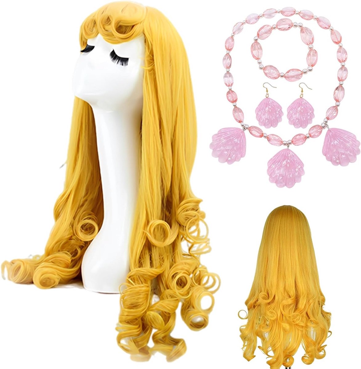 Blonde prinses cosplay pruik met glitter schelp halsketting voor carnaval, feest en maskerade, ideaal voor kostuums en themafeesten