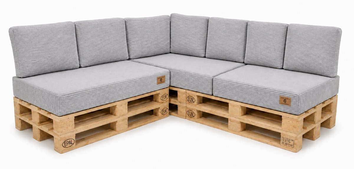 Palletkussens Set 10-delig – Corduroy Ribstof Grijs – Zitkussens 120x80x15 cm en Rugkussens 60x40 cm – Voor Palletbank Binnen en Buiten