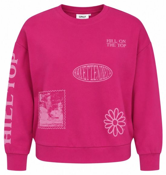 Fuchsia trui met 'HILL ON THE TOP' tekst op de borst en mouw, patch- en bloemenprint.