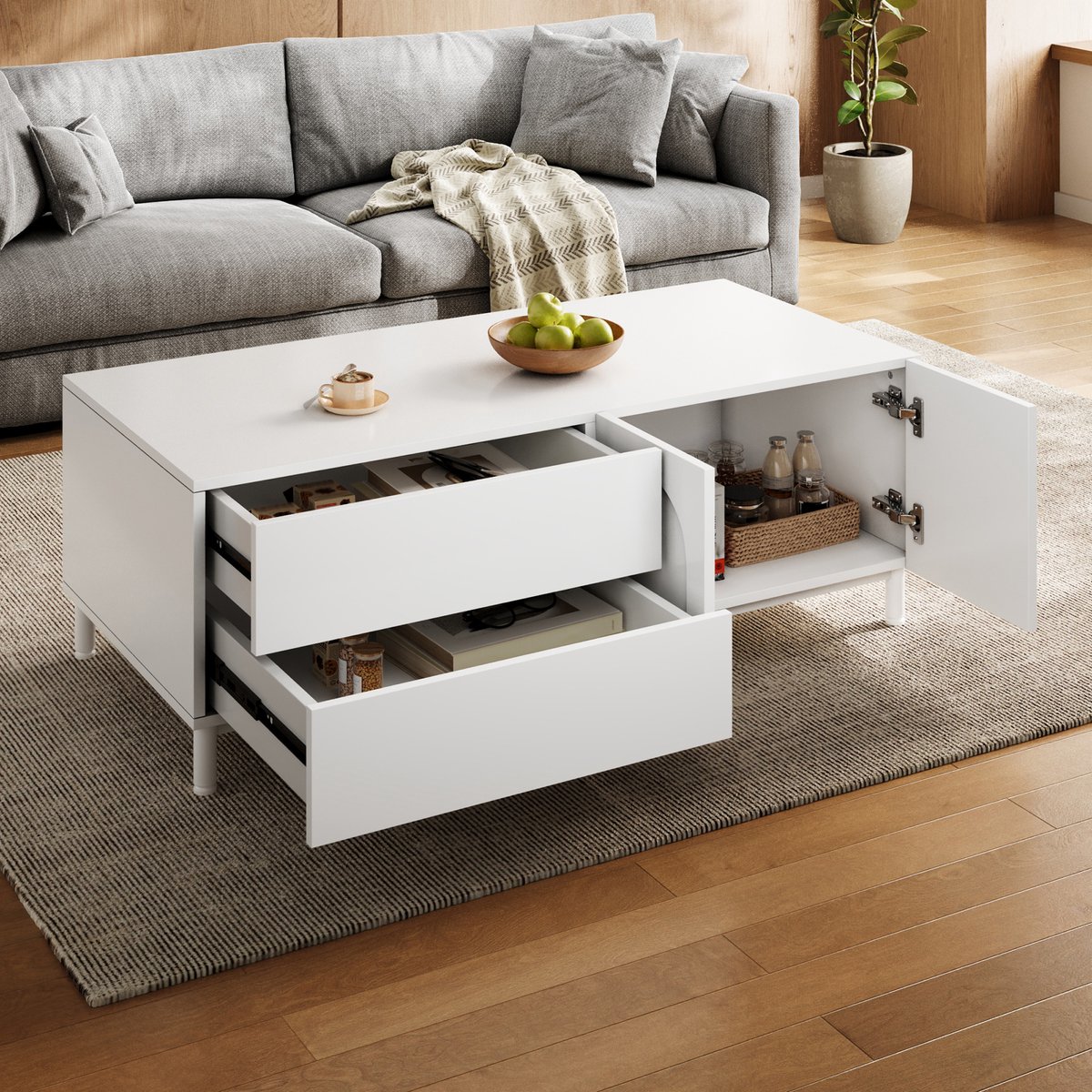 STILVORA Salontafel - Rechthoekige Opbergtafel Met 2 Lades En 2 Deuren - Voor Woonkamer - MDF En Spaanplaat - 100x50x39,5 Cm - Wit