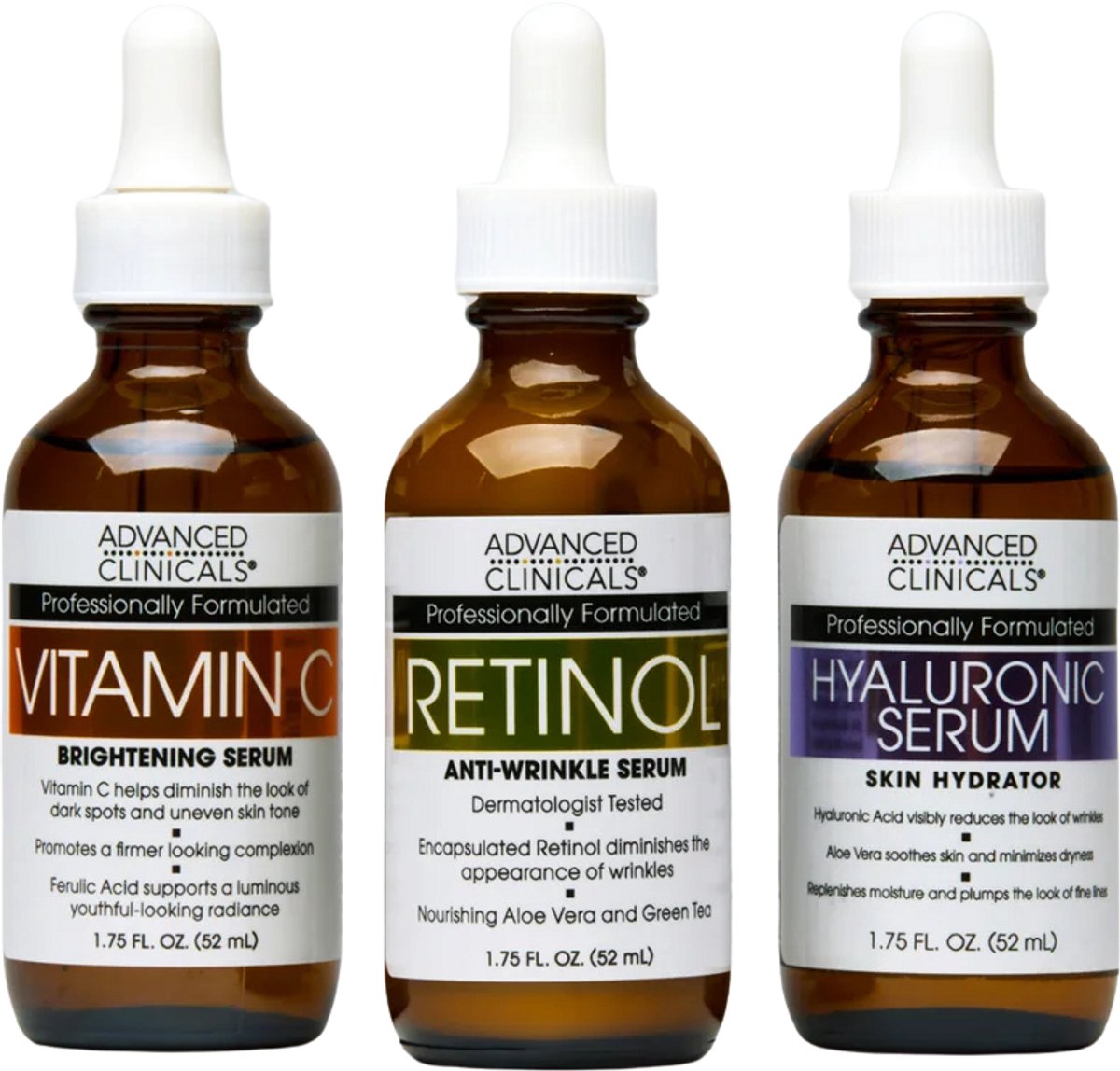 Advanced Clinicals Face Serum Essentials Set – Vitamine C, Retinol & Hyaluronzuur – Travel Size 3-Pack