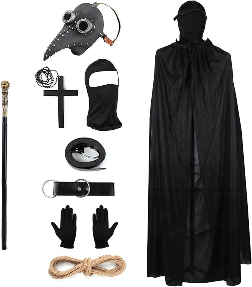 Retro leren vogelmasker en gothic pestdoktersmasker met volledige gezichtsmasker, zwarte kap, handschoenen en accessoires voor Halloween cosplay en verkleedfeestjes