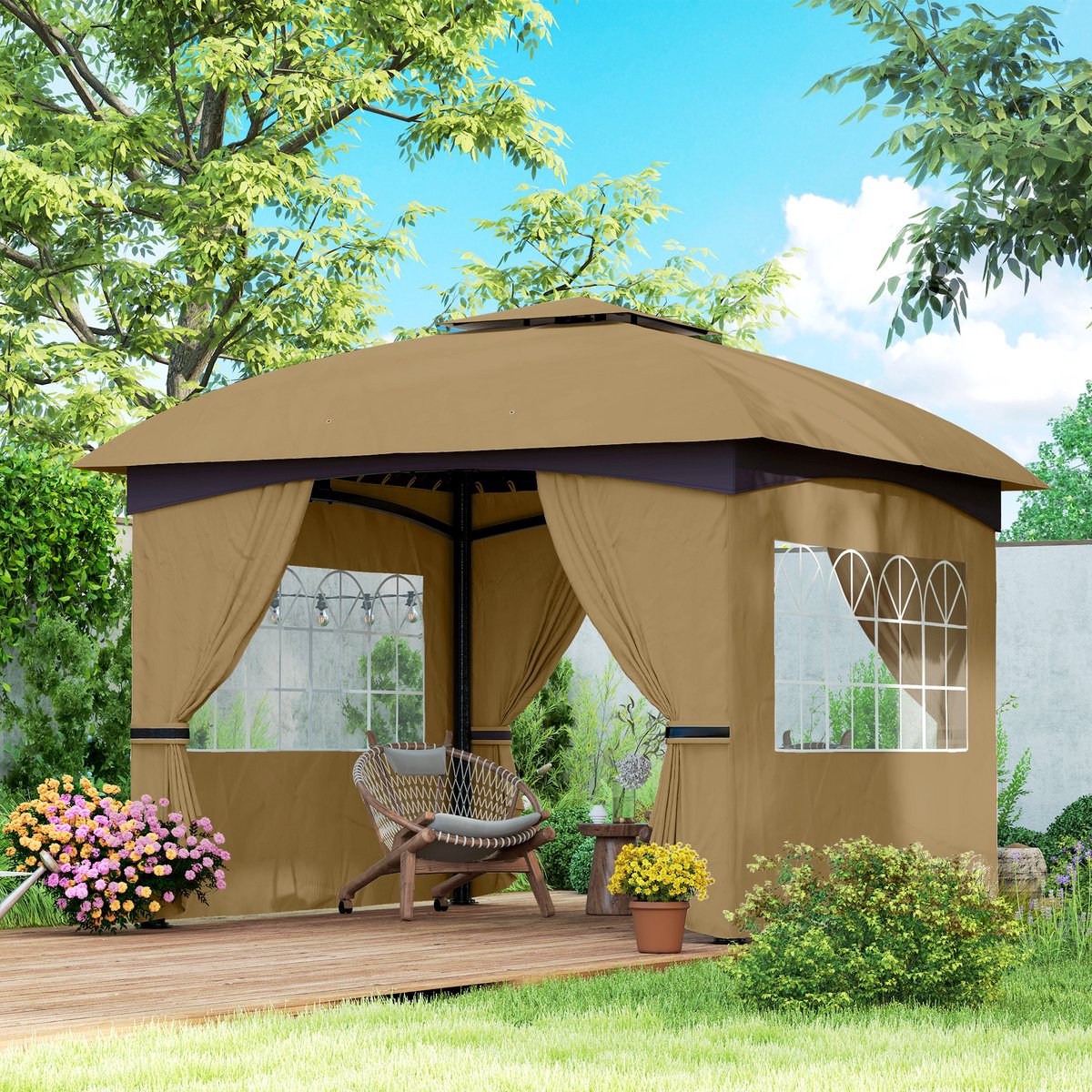 FloraGrace Partytent - 335 x 335 x 285 cm - Dubbel Ventilatiedak - Polyester En Verzinkt Staal - Beige - Tuinpaviljoen Met 4 Zijwanden
