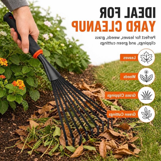 Kleine handhark met antislip ergonomische handgreep voor bladeren, onkruid en gras - ideaal tuingereedschap voor een nette tuin — afbeelding 3