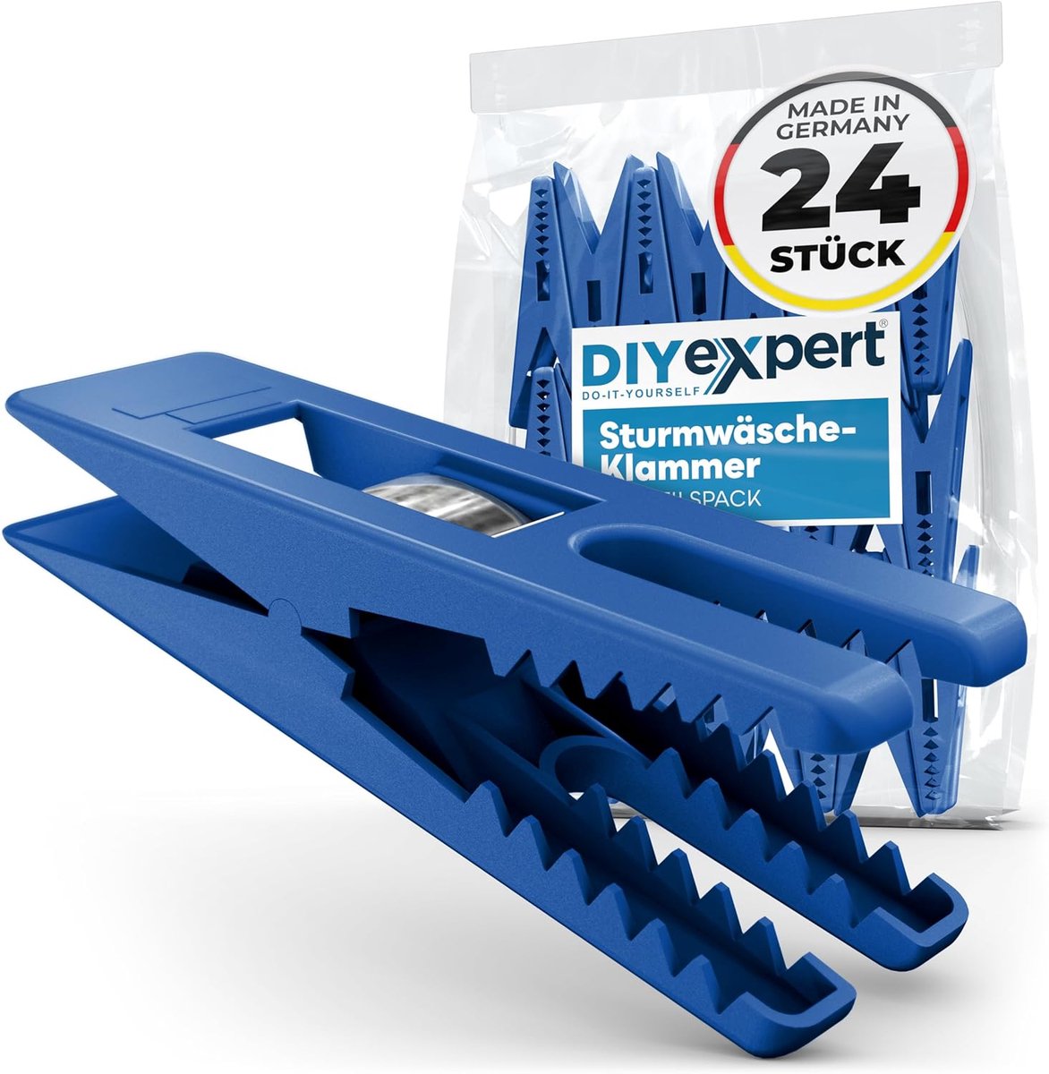SnelShoppen - 24 Stuks Kledingknijpers Storm 70 x 20 mm, Multifunctionele Klemmen, Sterke Grip, Blauw, Made in Duitsland, Voor Was, Naaien, Tenten, Tu