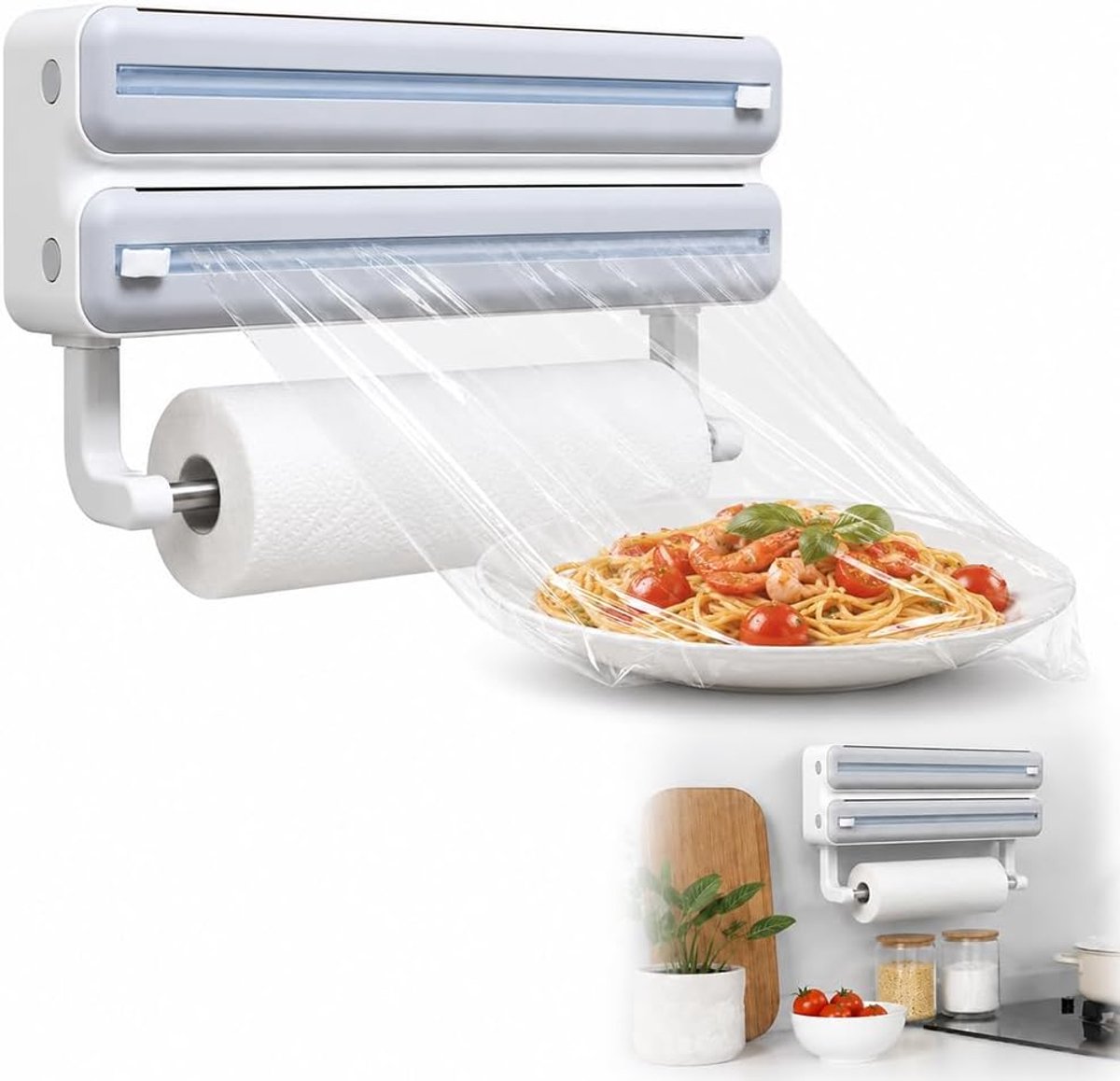 SnelShoppen - Keukenrolhouder 3-in-1 voor Rollen tot 31 cm - Multifunctionele Ruimtebesparende Dispenser voor Folie en Aluminiumfolie - Grijs - Prakti