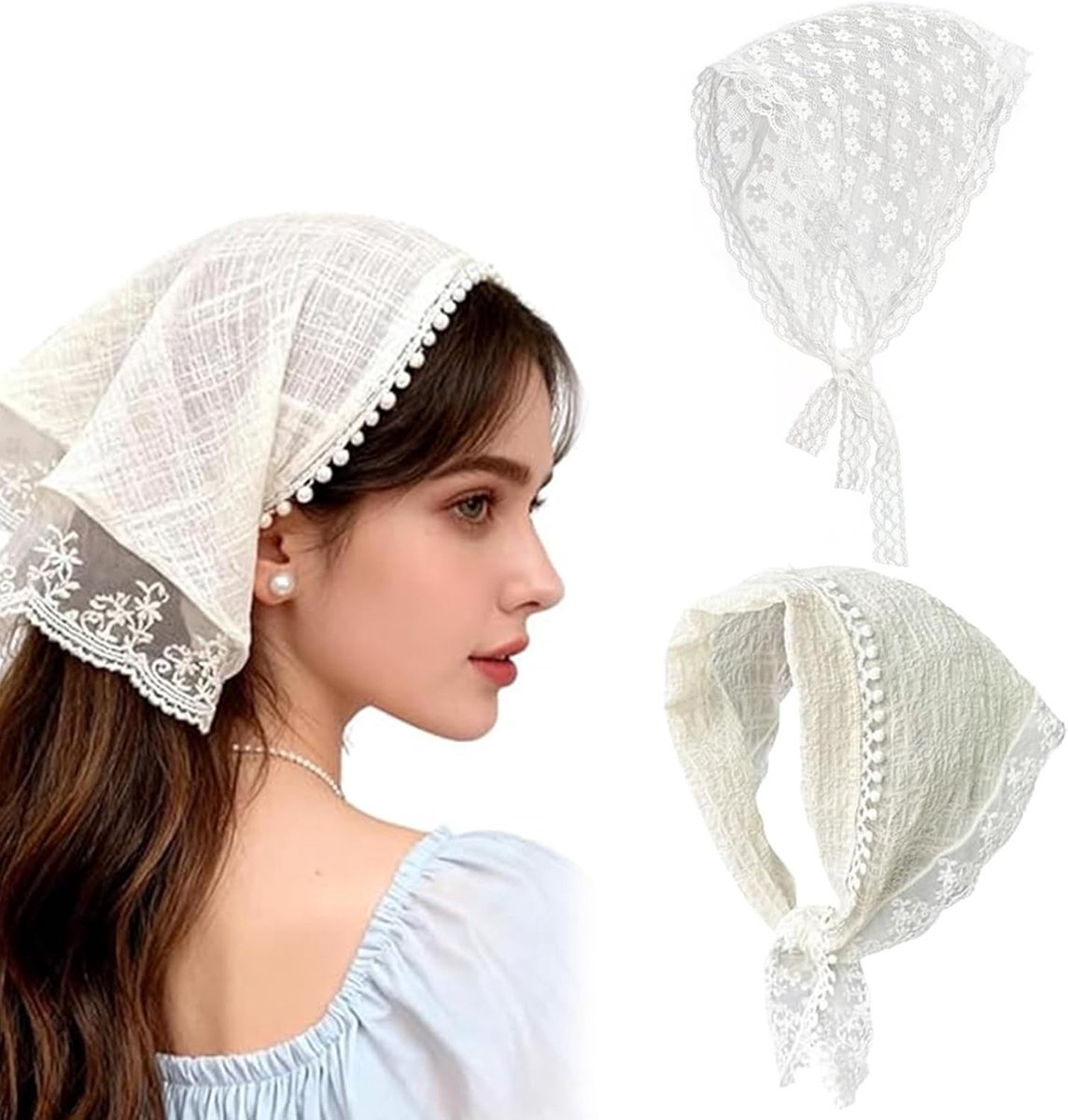 SnelShoppen - 2 Stuks Witte Bloemige Kant Haar Bandana Hoofddoek Haar Sjaal Elegante Haarbandana's Schattige Driehoek Sjaal Hoofdbedekking voor Dames