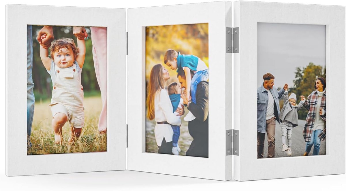 SnelShoppen - Set van 3 Witte Houten Fotolijsten voor 3 Foto's - Driedelige Vouwfotolijst - Portretlijst - Familie Herinneringen - Trouwen Cadeau
