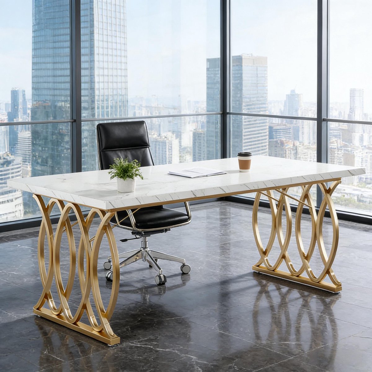 DESMIU Computertafel - Ruim Bureaublad Voor Werk En Overleg - Kunstmarmerlook Met Metalen Frame - Wit Goud - 160x80x75 Cm