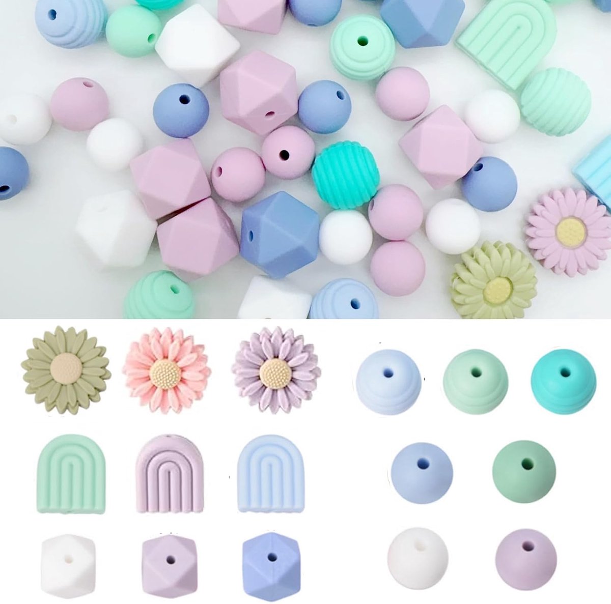 SnelShoppen - 76 Pcs Silicone Beads Daisies en Polygon Craft Beads voor DIY Kettingen en Armbanden - Kleurige Siliconen Kralen voor Creatieve Knutselp